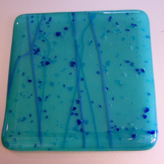 Blue Streamers on Teal: Set of 4 Fused Glass Coasters, Custom Order Option