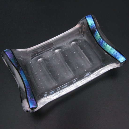 Custom Option, Sky sliver: Fused glass soap dish with dichroic glass