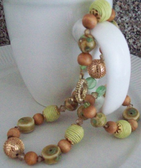 Ceramic woven and wood bead necklace