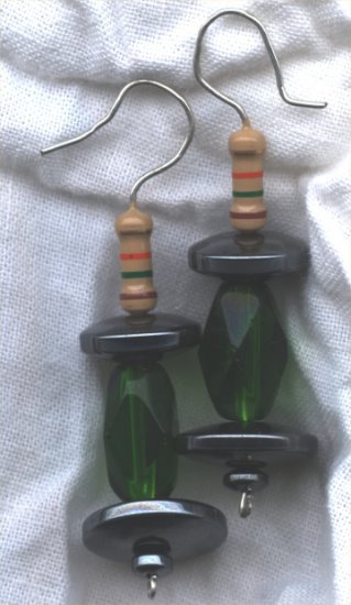 Green Glass and Hematite UFO's (Earrings) (ENV - 004)