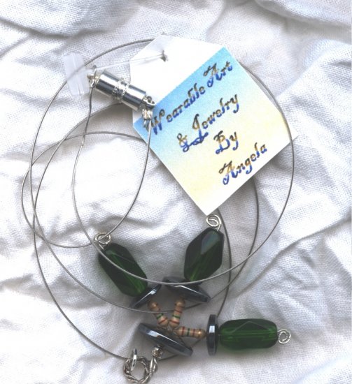 Green Glass and Hematite UFO's (Necklace) (ENV -005)