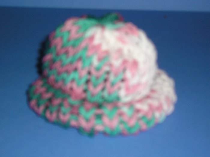 Green-Pink-White varigated Knit Cap Hat Sock Monkey doll Handmade