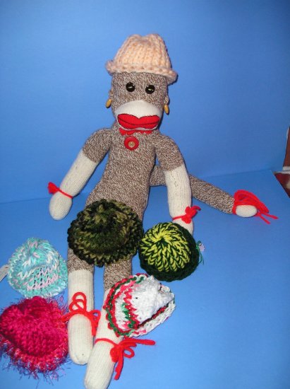 Pastel Peach knit Cap Hat Sock Monkey or doll Handmade NEW!