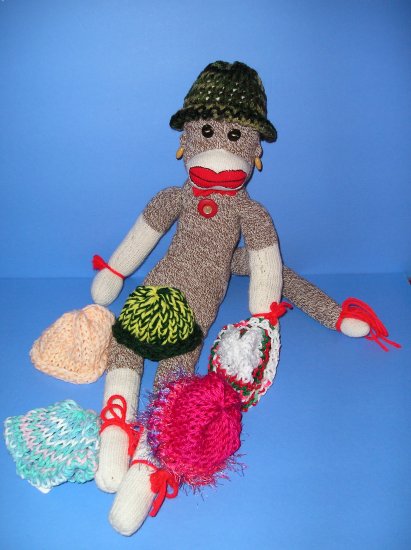 Green Camo Knit Hat Cap Sock Monkey or doll Handmade NEW!