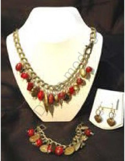 Red & Brass Bead Necklace with matching bracelet and earrings