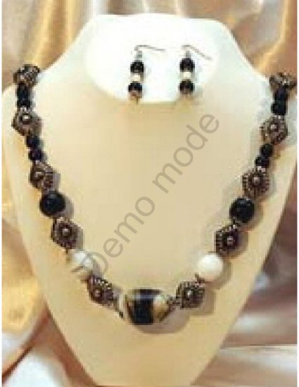 White, Black and Silver Necklace with matching earrings