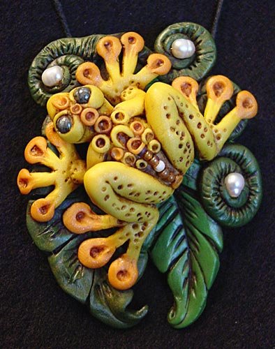 Frog polymer clay and pearls focal bead