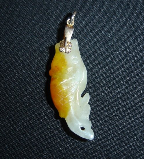 Green and Yellow Jade Fish Pendant Charm Yu Wealth Luck