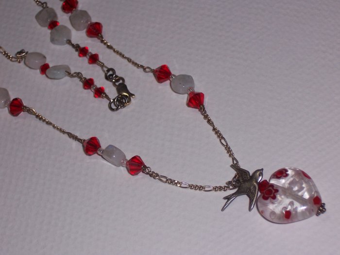 Sparrow Love Bird Necklace on Sterling Silver Chain and Milefori Glass Pendant