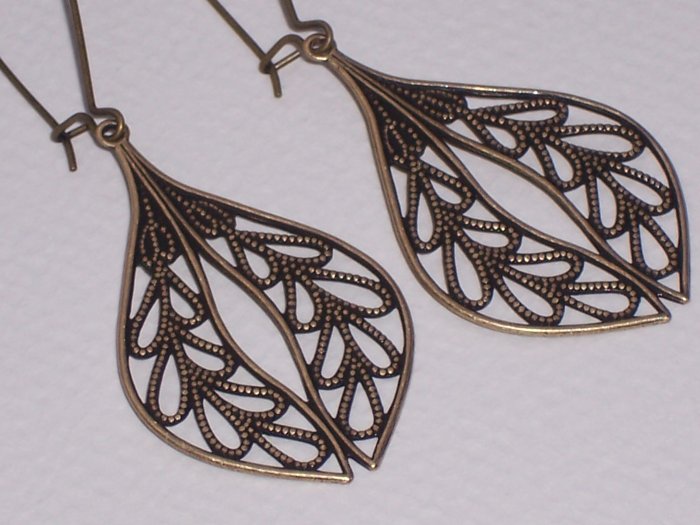 Simple Filigree Leaf Earrings on Antiqued Brass