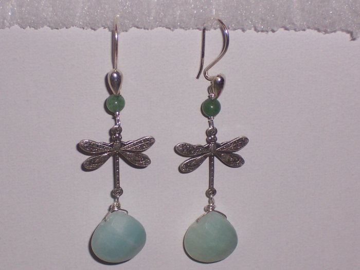 Dragonfly Earrings with Aventurine and Amazonite Stones on Sterling Silver