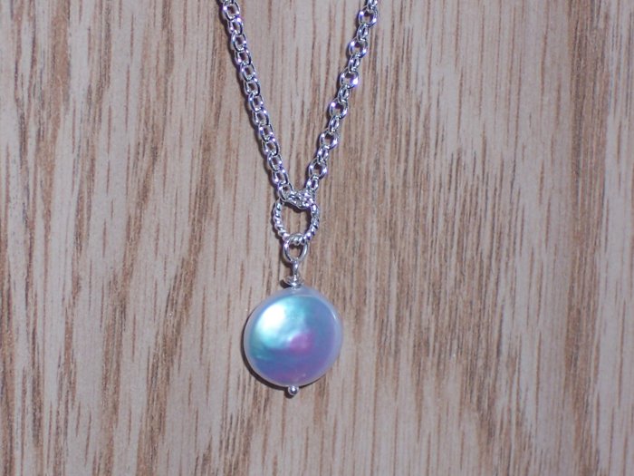 Simple Sterling Silver Chain Necklace with a White Coin Fresh Water Pearl Pendant