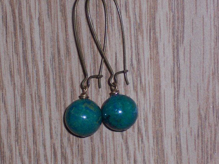 Crysocola Stone and Antiqued Brass Earrings on kidney earwires