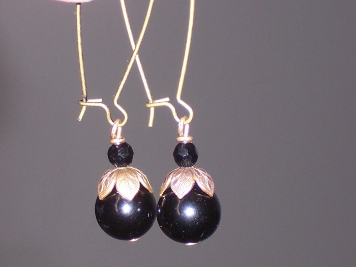 Black Onyx and antiqued Brass Beaded Dangle Earrings