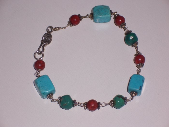 Turquoise Bracelet with Sterling Silver and Red Coral REDUCED Price