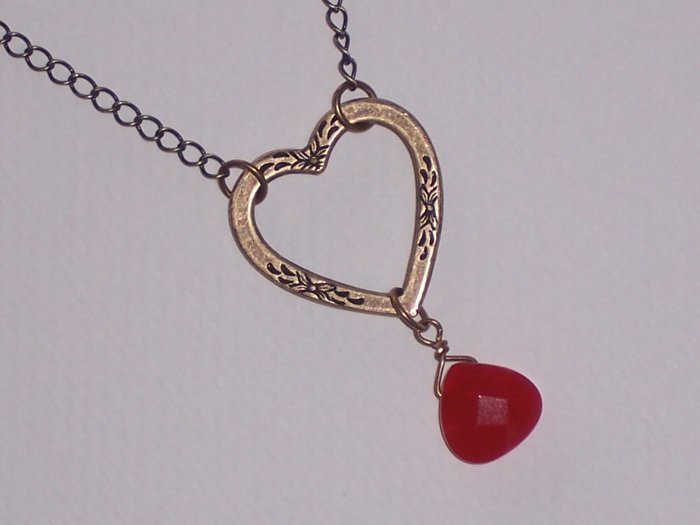 Red Love faceted Quartz and Heart Pendant on antiqued brass Chain Necklace