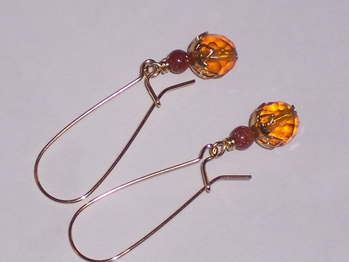Topaz and goldstone Dangle Earrings on Brass Kidney Shaped Earwires