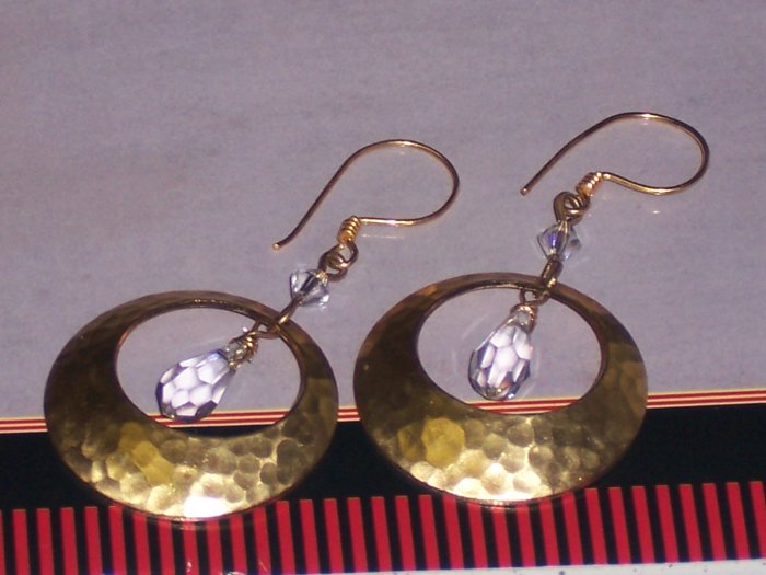 Hammered Brass Hoops and Swarovski Crystal Dangle Earrings FREE SHIPPING TO THE U.S.A.