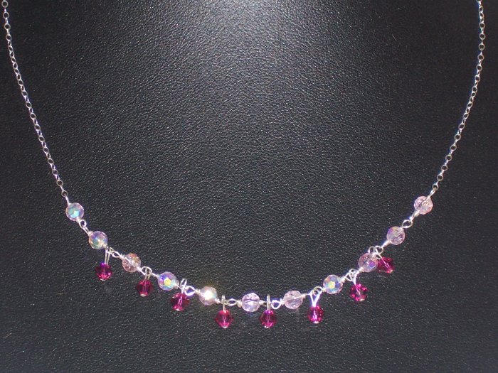Light Rose and Fuschia Crystal Necklace on Sterling Silver Chain
