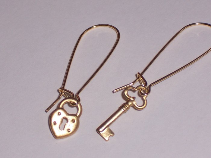 Heart Lock and Key Dangle Asymetric Earrings REDUCED one dollar shipping to the USA