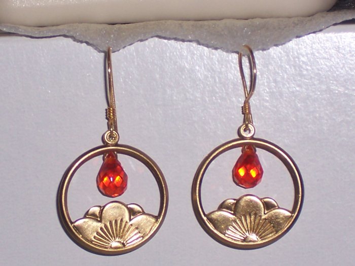 Lotus Blossom Flower Earrings with Red Cubic Zirconia on Vermeil Gold Earwires