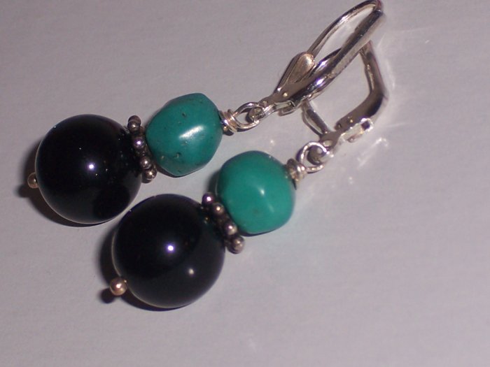 Sterling Silver Earrings with Turquoise and Black Onyx Free shipping to the USA