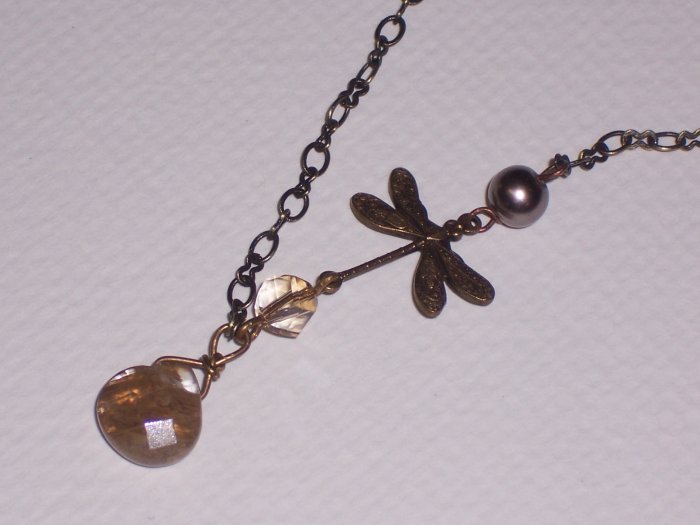 Dragonfly Necklace with Swarovski Crystals on Antiqued brass chain FREE SHIPPING TO THE U.S.