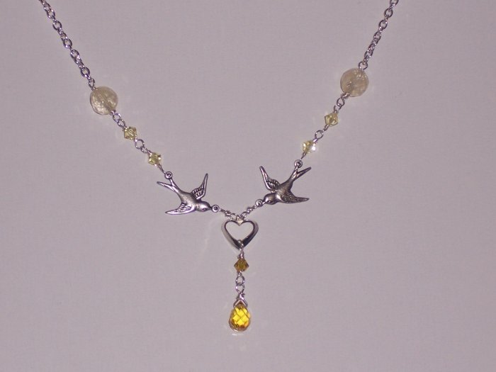 Sparrow Birds Necklace with Sterling Silver Heart, Chain, CZ and Swarovski