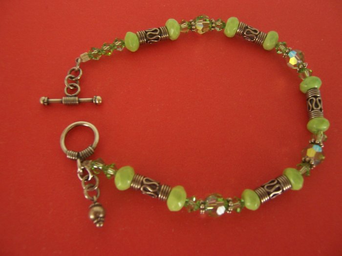 Green Turquoise Bracelet with Swarovski Crystal and Sterling Silver