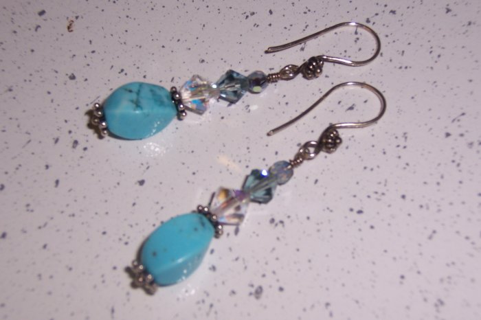 Sterling Silver Dangle Earrings with Turqouise and Swarovski Crystals