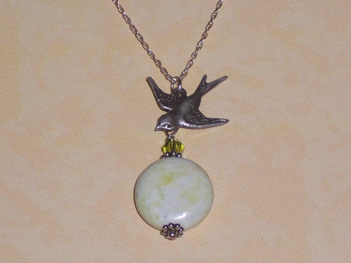 Sparrow Bird Necklace with Green Flower Jasper and Swarovski Crystal On Sterling Silver Chain