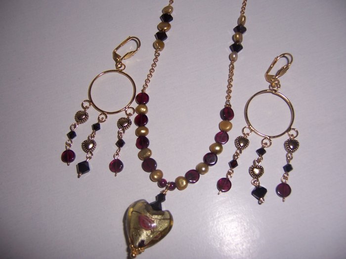 Garnet and Gold Heart Necklace and Earrings Set