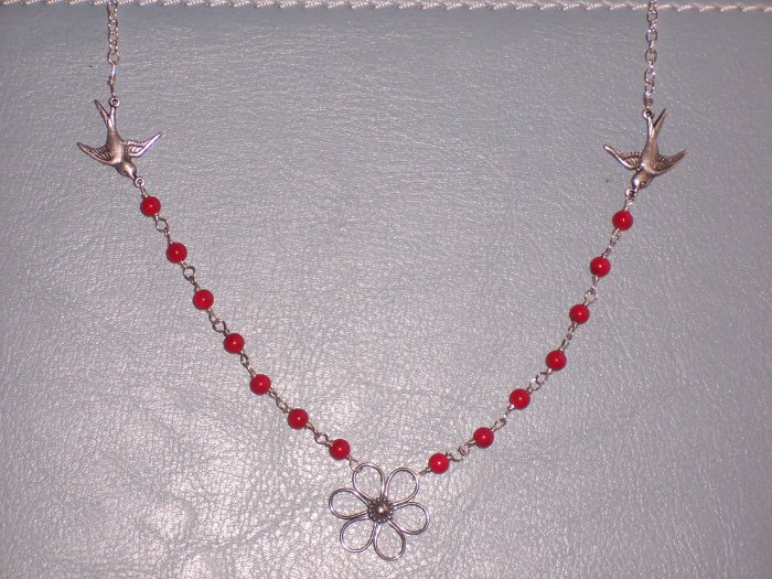 Sterling Silver Chain Necklace with Sparrow Birds Red Coral Necklace and a flower pendant from Bali