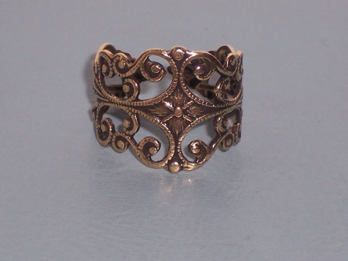 Antiqued Brass Filigree Ornate Trelis Adjustable Ring with Vine Designs