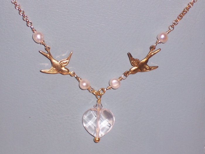 Sparrow Love Birds and White Pearls Necklace on 14k gold filled chain with Heart Pendant
