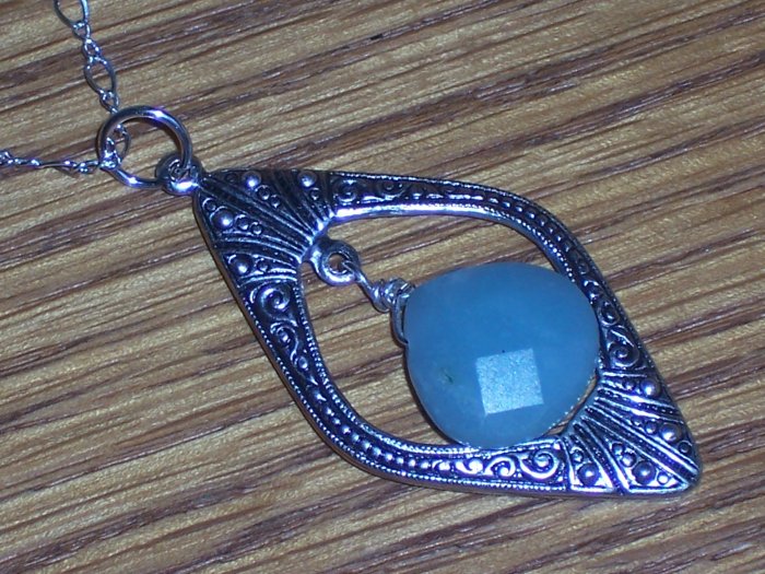 Sterling Silver Chain Necklace with Ornate Brass and Amazonine Stone Pendant