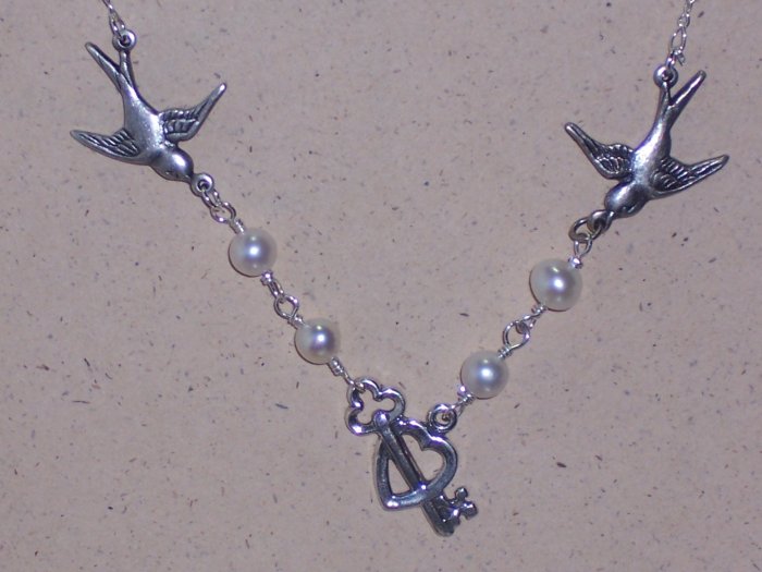 Heart and Key Sparrow Birds Necklace with White Pearls and Sterling Silver Chain