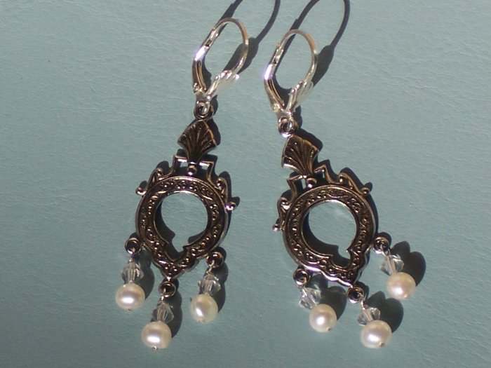 Lock the Door Earrings with White Pearls and Swarovski on Sterling Silver