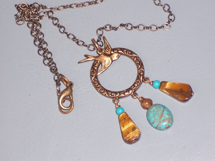 Brass Swallow Bird Necklace with a Pendant of Turquoise and Tigereye