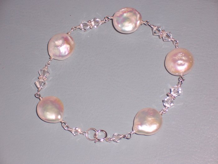 White Pearls and Swarovski Crystals Bracelet on Sterling Silver