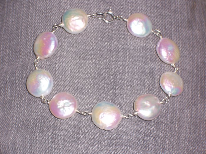 White Coin Pearl and Sterling Silver Bracelet