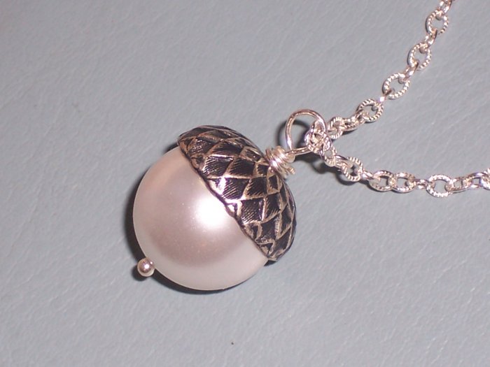 White Pearl Acorn Pendant on Sterling Silver Chain