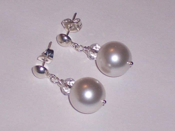 White Pearls and Sterling Silver Earrings with Swarovski Crystals