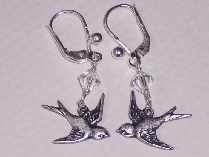 Flying Away Sparrow Bird Earrings on Sterling Silver Lever Backs and Swarovski Crystals