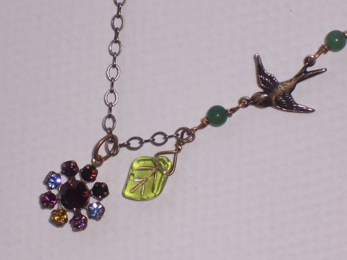 Baby Swallow Bird Necklace with Swarovski Crystal Flower Pendant