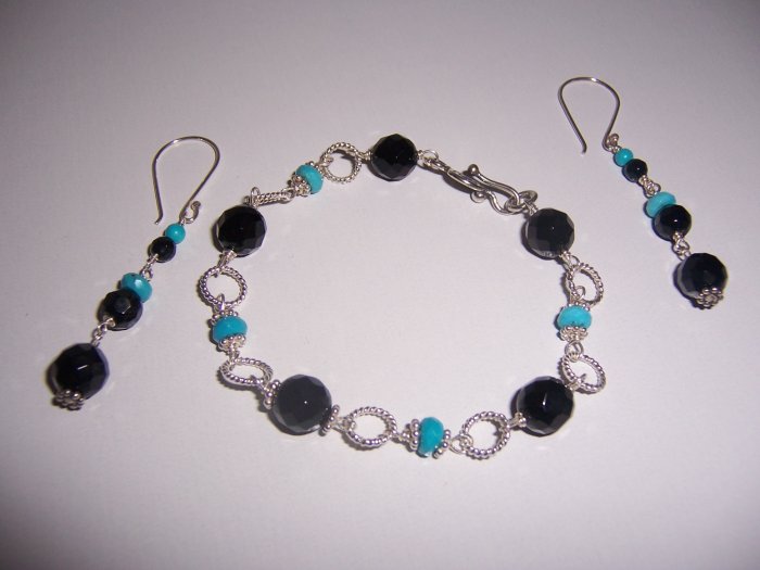 Sterling Silver Bracelet and Earrings Set with Black Onyx and Turquoise