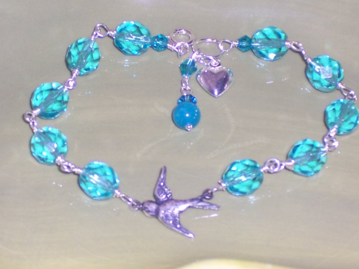 Swallow Bracelet - Light Aqua Czech Glass Beads Swarovski Crystals and Heart Charm