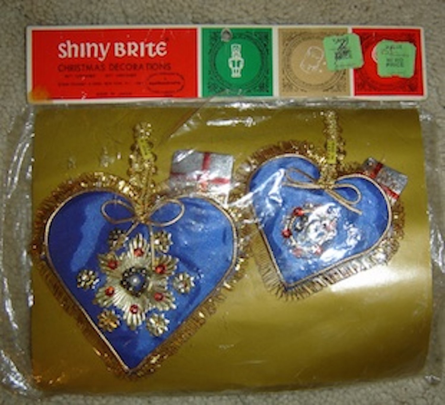Vintage Shiny Brite Christmas Decorations/Ornaments, Japan, Blue/Gold Hearts