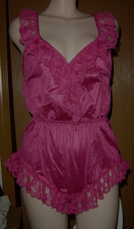 Vintage Val Mode Maroon Teddy w/Sheer Lace! Sissy & Sassy! Sz. S