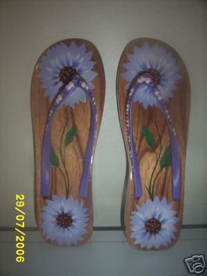 Ladies Wood sandals Purple Flowers Bare Feet sexy